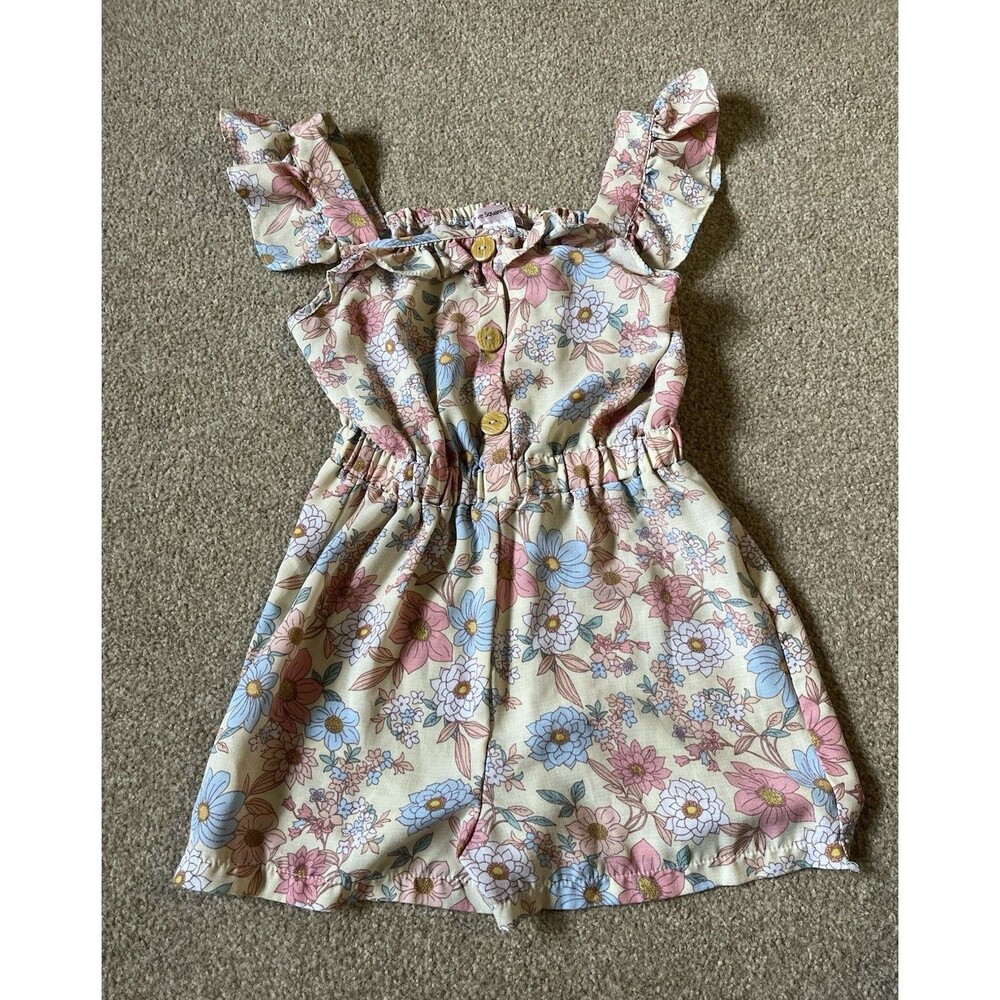 Love Squared Girls Floral Multicolor Cotton Romper Sleeveless 4T Elastic Waist